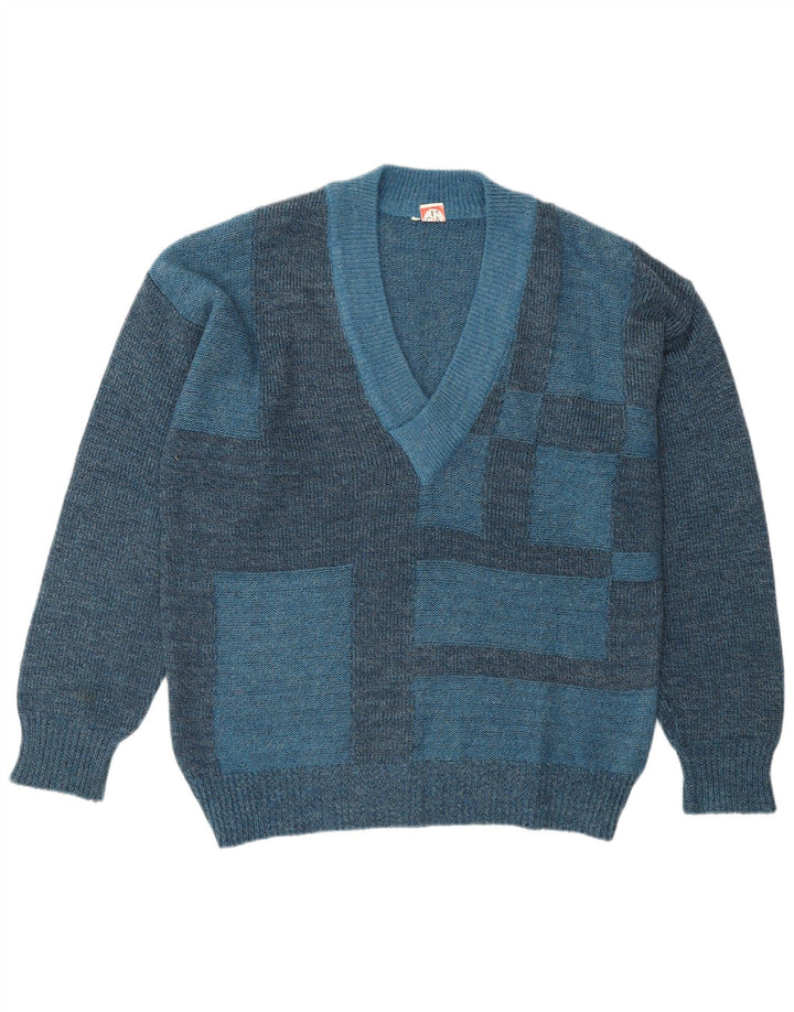 VINTAGE Jersey con cuello en V para hombre IT 50 Poliacrílico geométrico azul medio