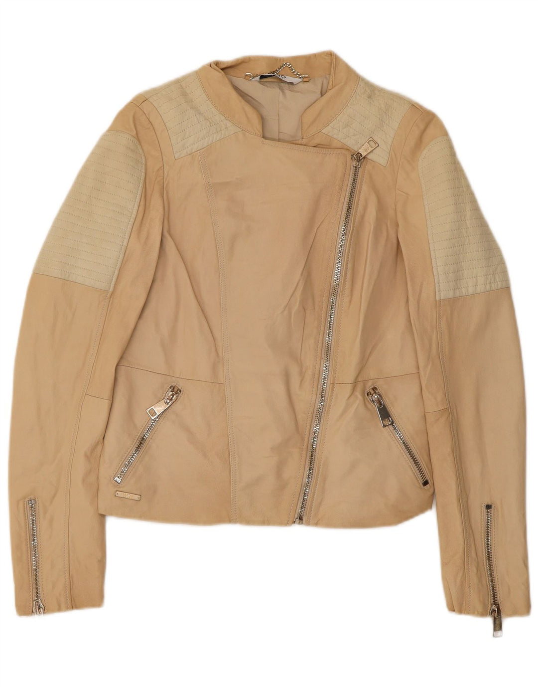 Chaqueta Biker Corta Mujer Liu Jo IT 42 Cuero Color Block Beige Medio