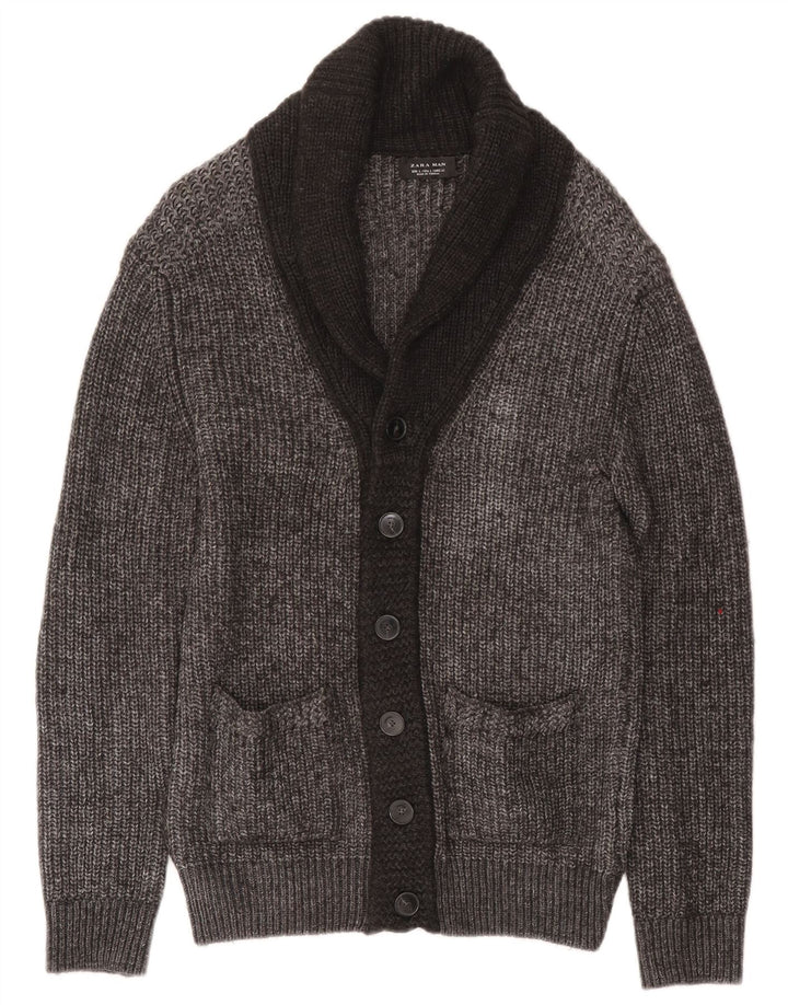 Zara Hombre Cárdigan Suéter Grande Acrílico Moteado Gris