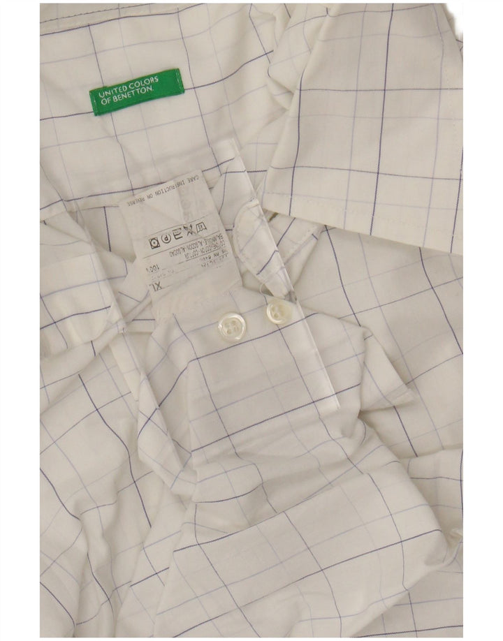 BENETTON Camisa Hombre XL Blanco Cuadros Algodón
