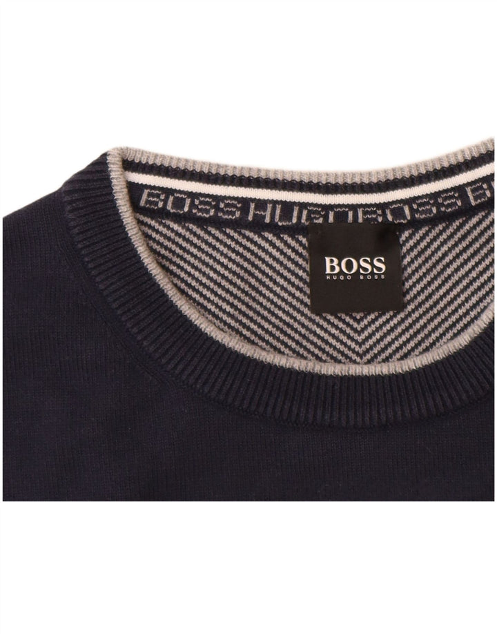 HUGO BOSS Jersey con cuello redondo para hombre, talla grande, algodón azul marino