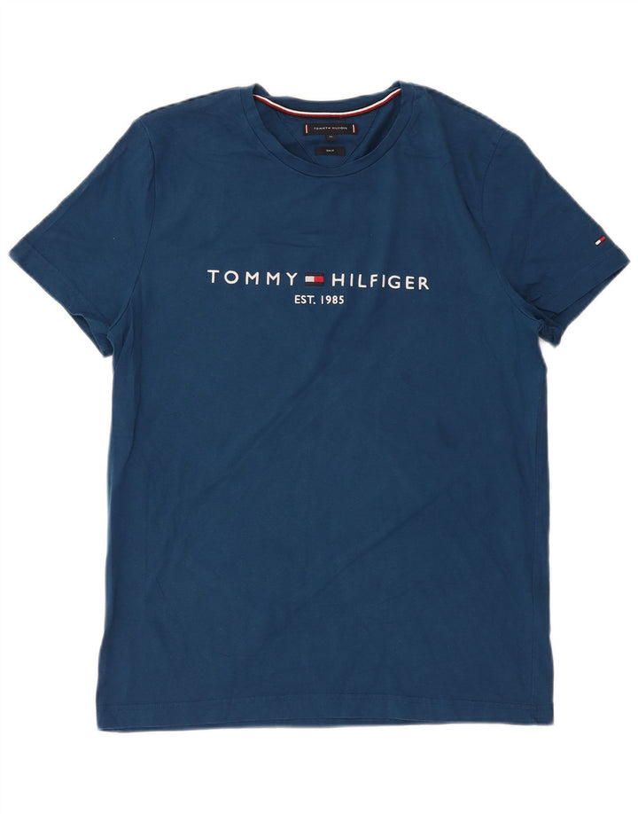 TOMMY HILFIGER Camiseta gráfica ajustada para hombre Top XL Algodón azul