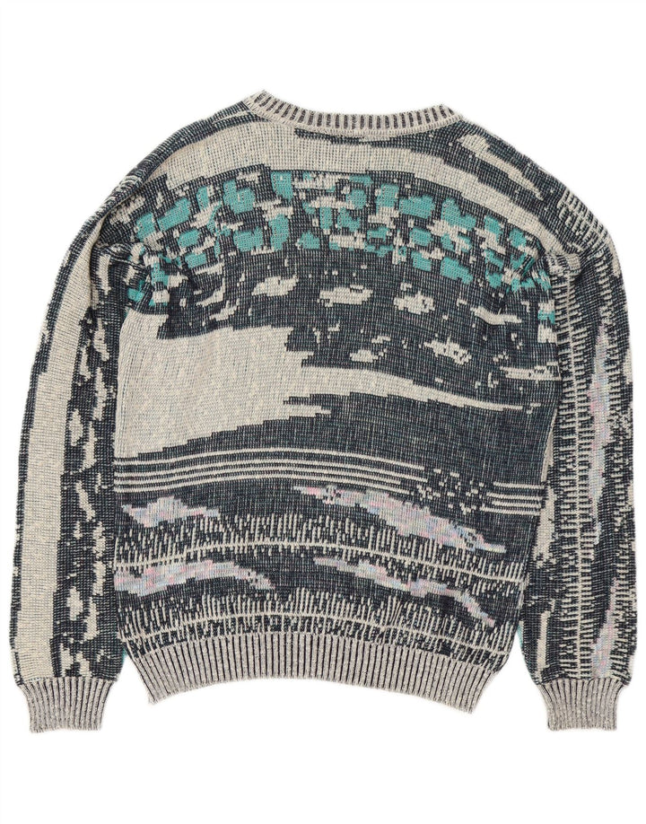 Vintage hombres patrón abstracto cuello redondo jersey suéter azul medio