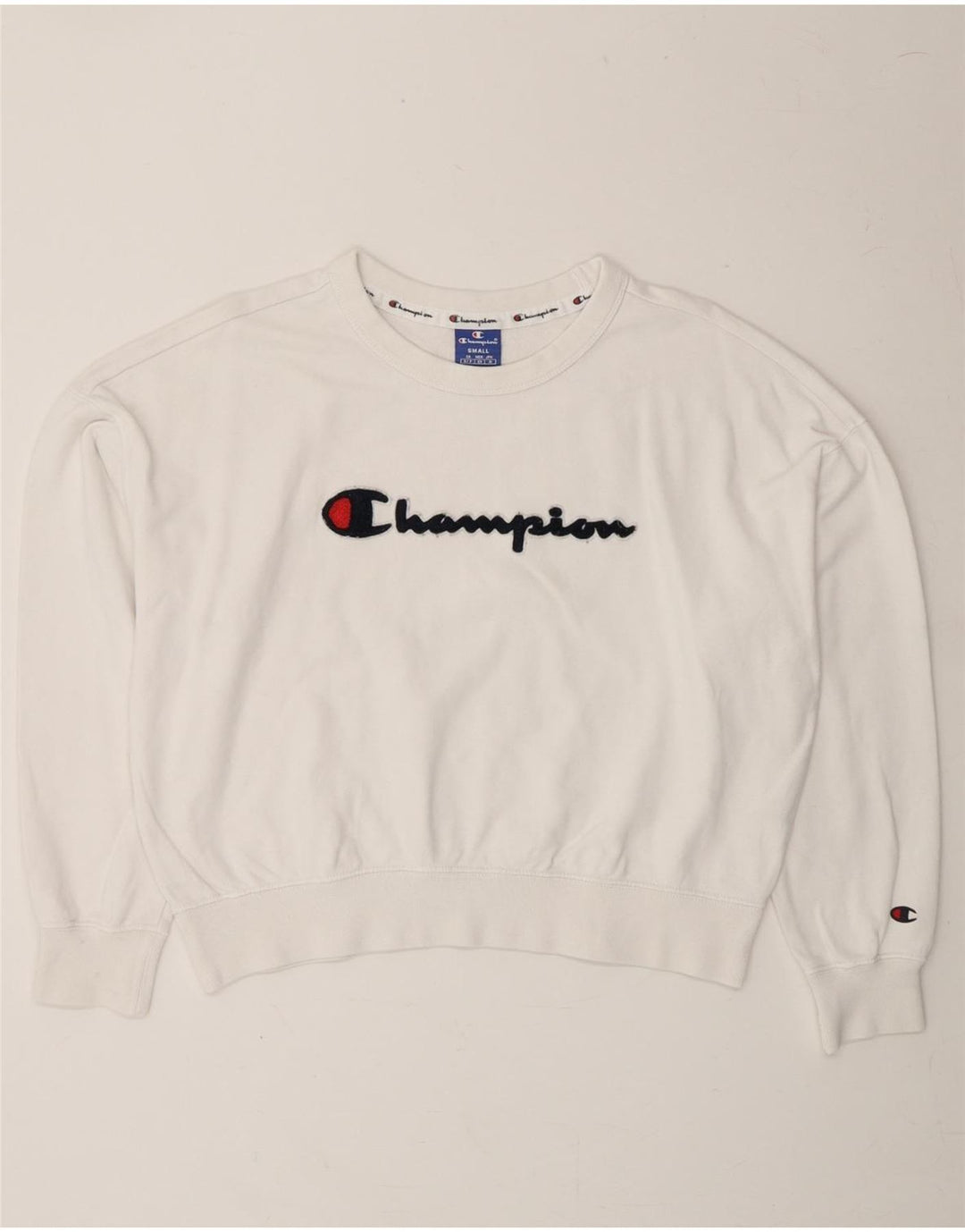 CHAMPION Womens Oversized Crop Graphic Sweatshirt Jumper UK 10 Small White Vintage Champion and Second-Hand Champion from Messina Hembry 