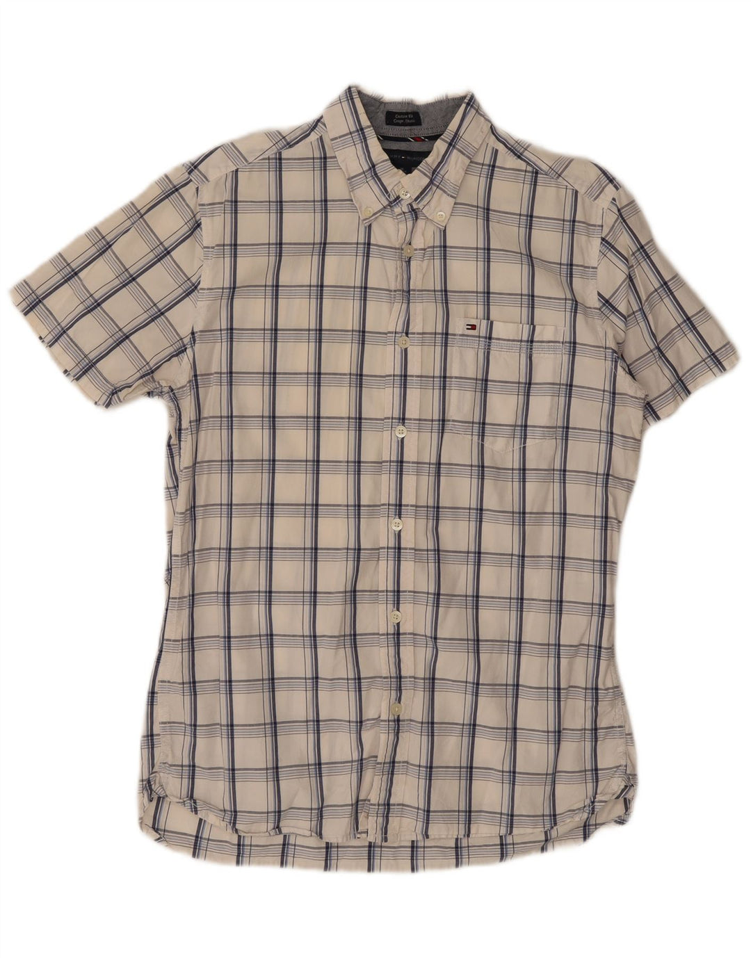 Camisa Tommy Hilfiger de manga corta con ajuste personalizado para hombre, algodón a cuadros blanco mediano