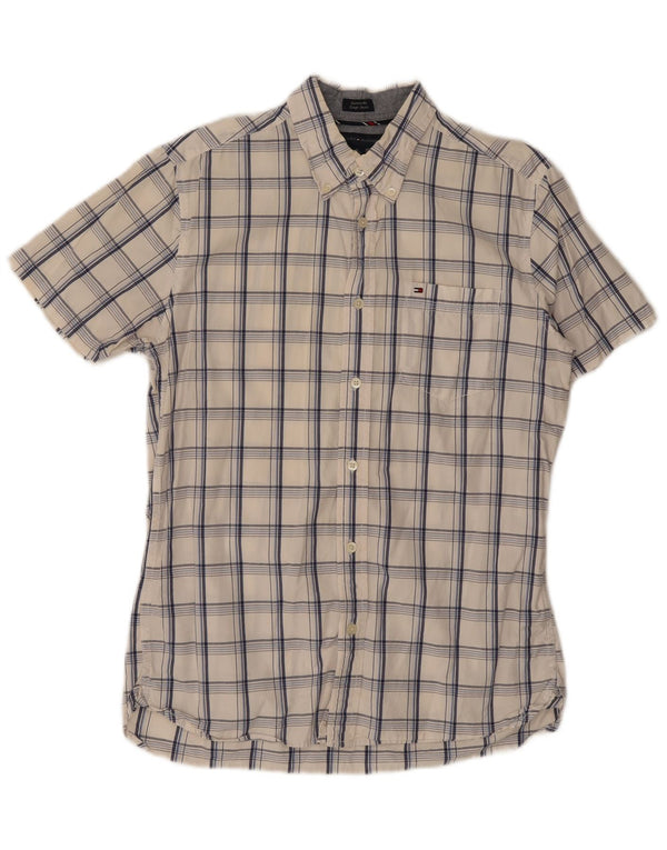 Camisa Tommy Hilfiger de manga corta con ajuste personalizado para hombre, algodón a cuadros blanco mediano