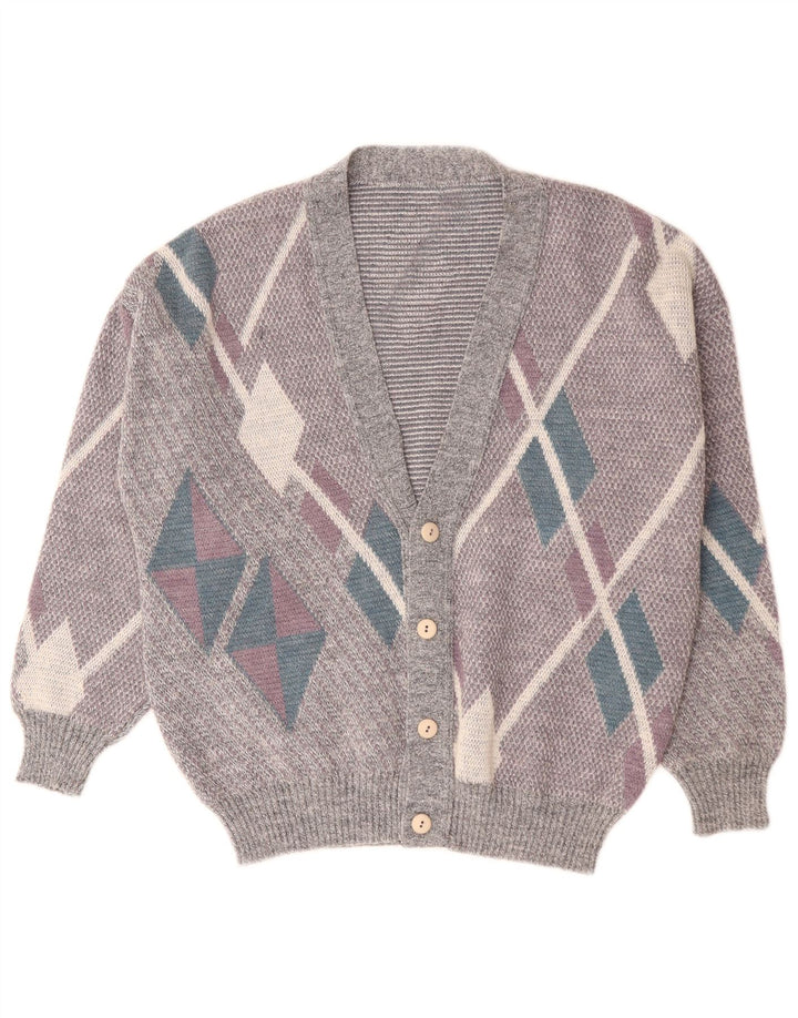 Vintage hombres Cardigan suéter grande gris Argyle/Diamante