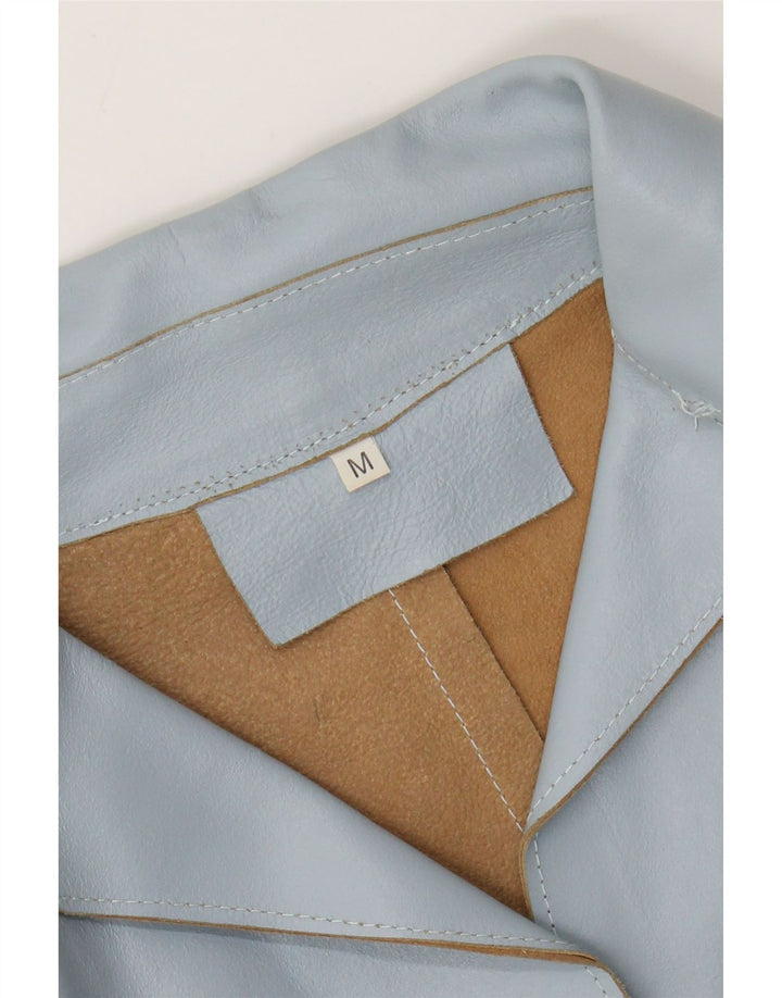 VINTAGE Mujer 2 Botones Cuero Blazer Chaqueta Reino Unido 12 Azul Medio