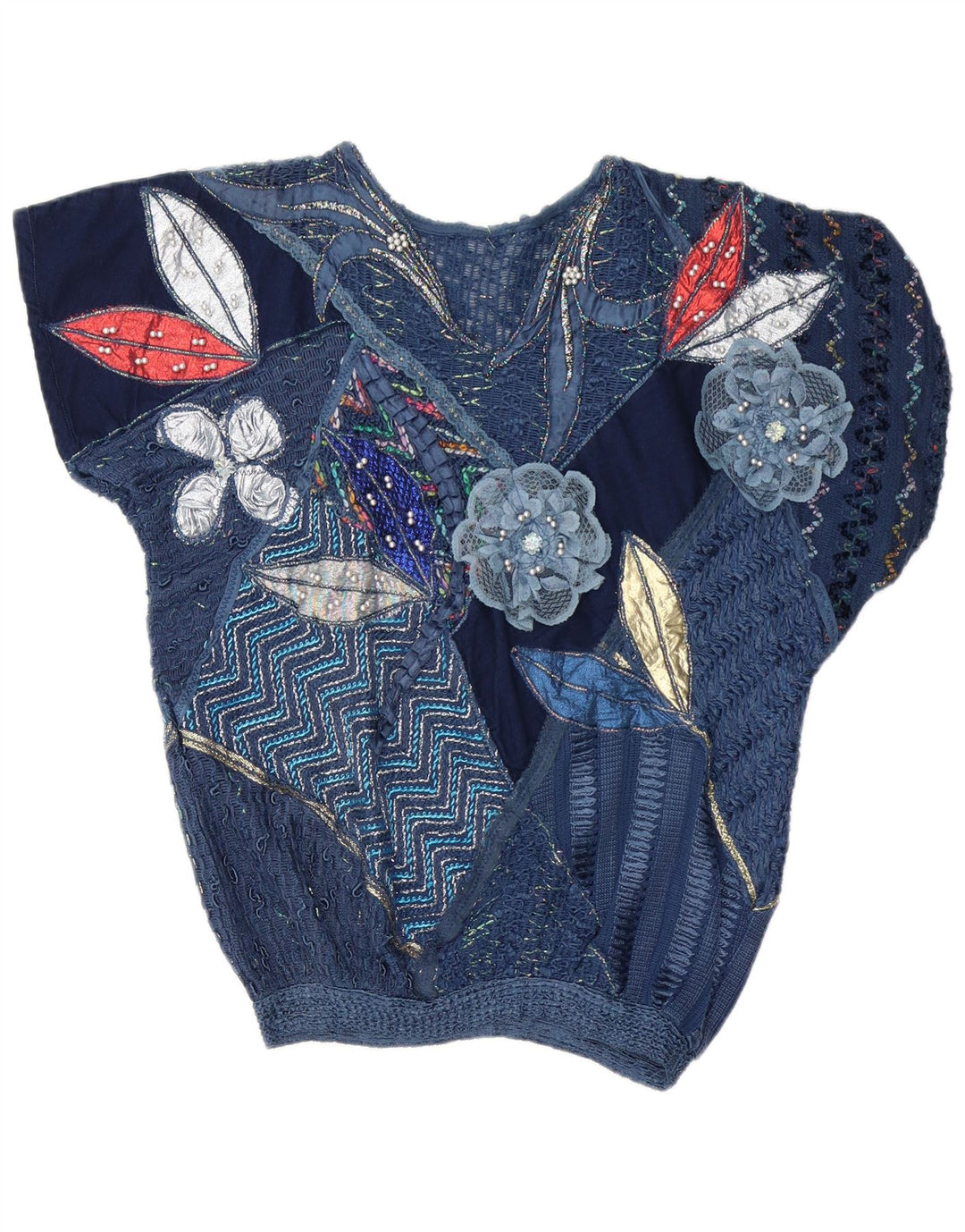 Vintage mujer blusa Top Reino Unido 16 grande azul marino patchwork