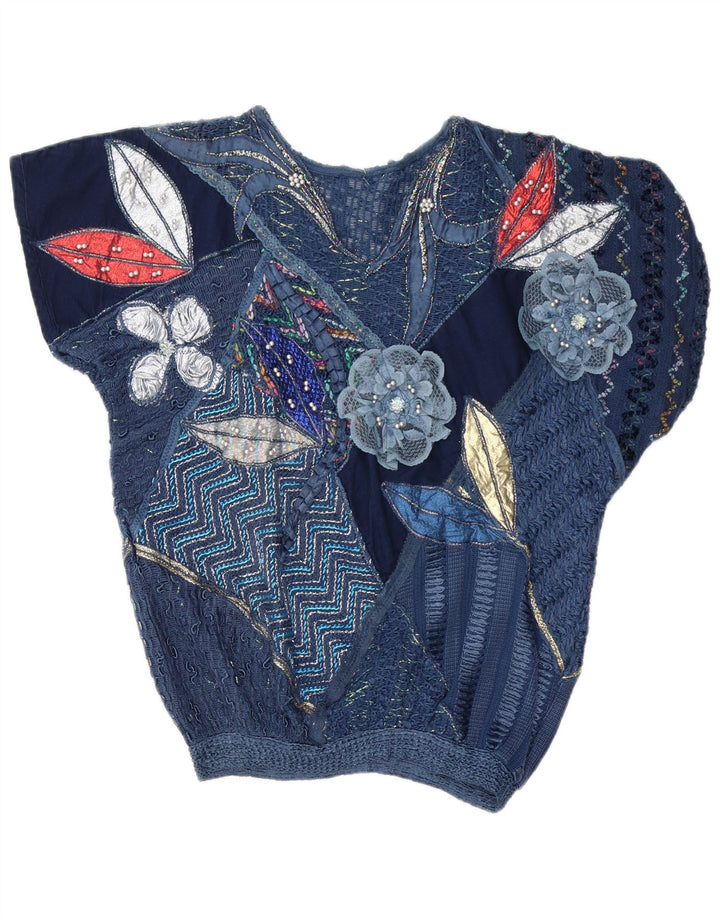 Vintage mujer blusa Top Reino Unido 16 grande azul marino patchwork