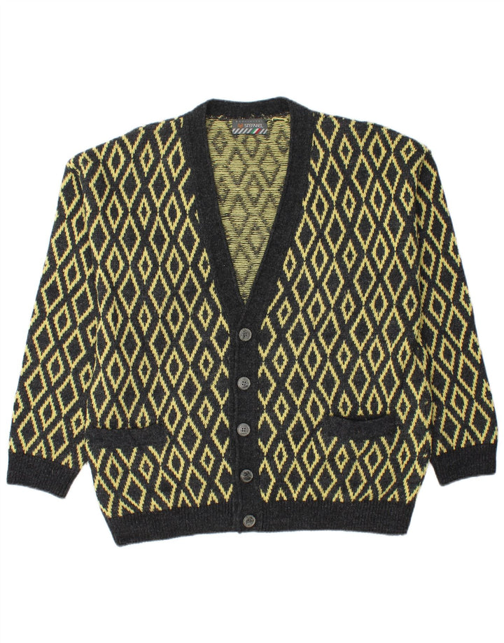 Stefanel Cárdigan para hombre suéter grande de lana amarilla Argyle/Diamond