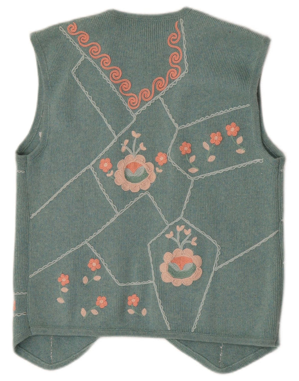 Vintage mujer punto chaleco abierto Reino Unido 12 medio turquesa floral cachemira