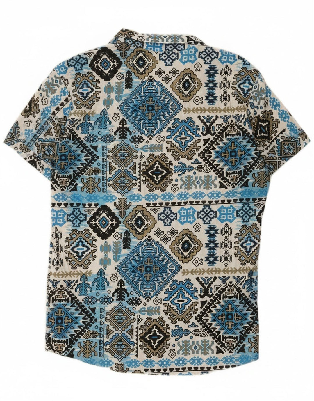 Vintage hombres camisa de manga corta grande azul Ikat Rayon