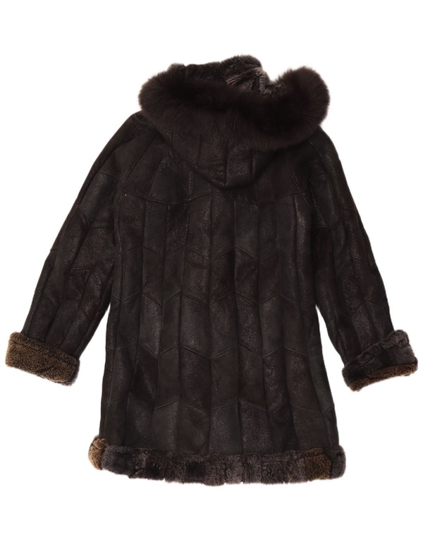 Vintage mujer con capucha Sherpa cuero abrigo Reino Unido 12 medio negro