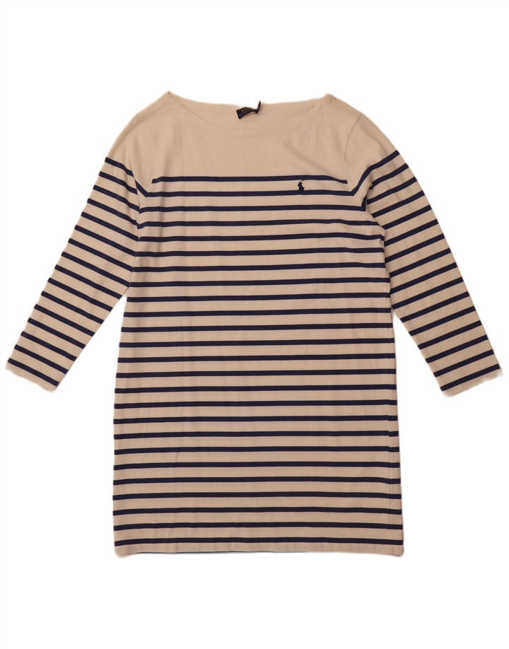 POLO RALPH LAUREN Vestido tipo camiseta de manga larga para mujer UK 40 XL Blanco a rayas