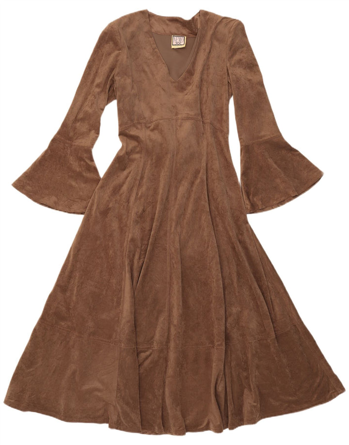 Vintage mujer Maxi manga larga A-Line vestido Reino Unido 12 poliéster marrón medio