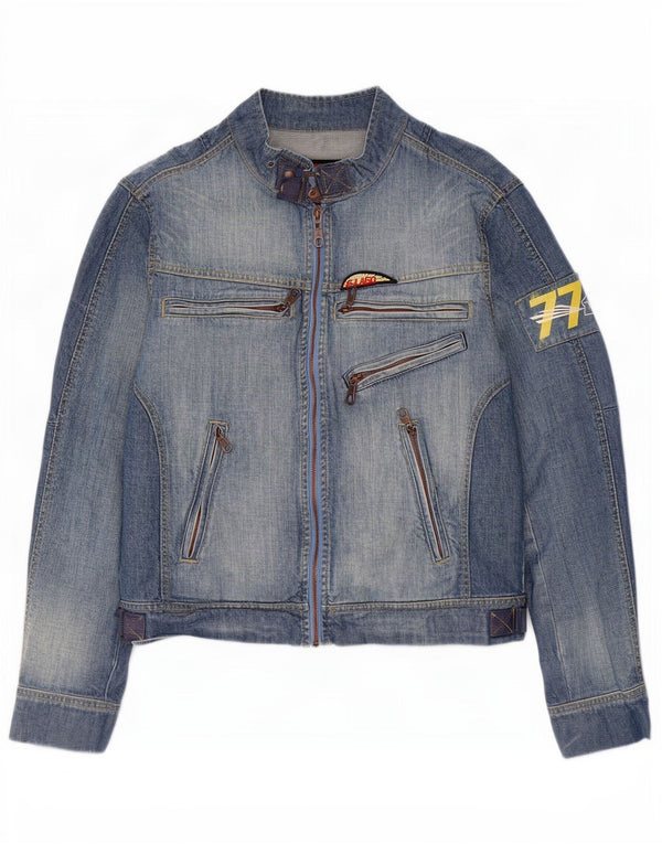 Vintage hombres gráfico chaqueta de mezclilla Reino Unido 38 algodón azul medio
