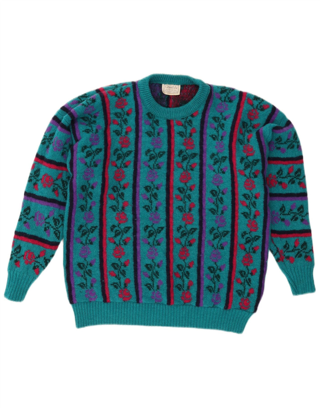 VINTAGE suéter de cuello redondo para mujer Reino Unido 16 lana floral turquesa grande