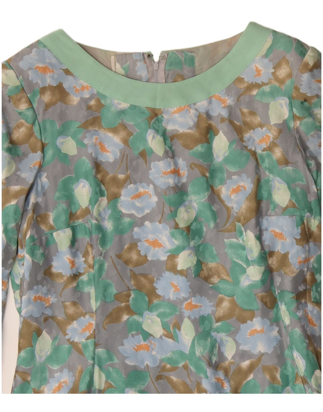 Vintage mujer manga larga vestido vestido Reino Unido 12 medio verde floral