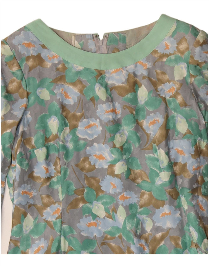 Vintage mujer manga larga vestido vestido Reino Unido 12 medio verde floral