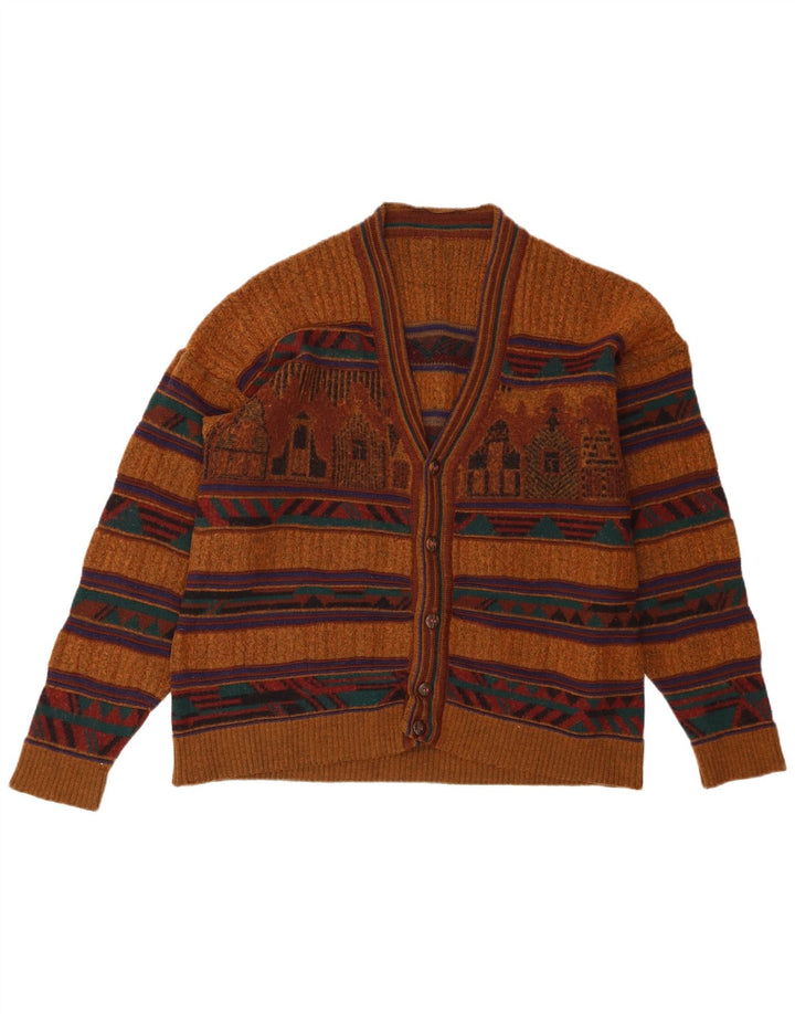 Vintage hombres Cardigan suéter medio marrón geométrico