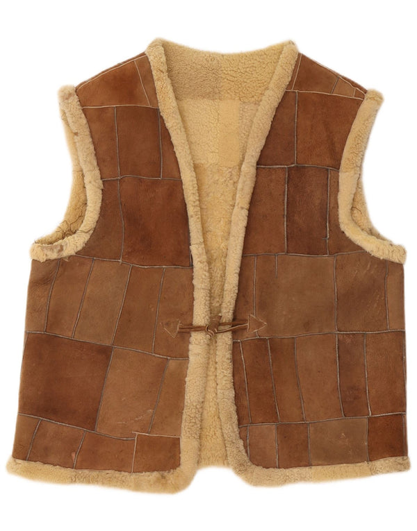 Vintage Hombres Shearling Gilet Reino Unido 42 XL Marrón