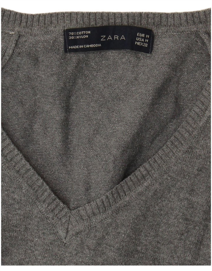 Zara - Jersey con cuello en V para mujer, talla 42, algodón gris medio