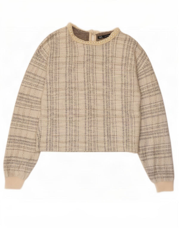 Zara Mujer Crop Blusa De Manga Larga Top UK 10 Small Beige Check Poliéster