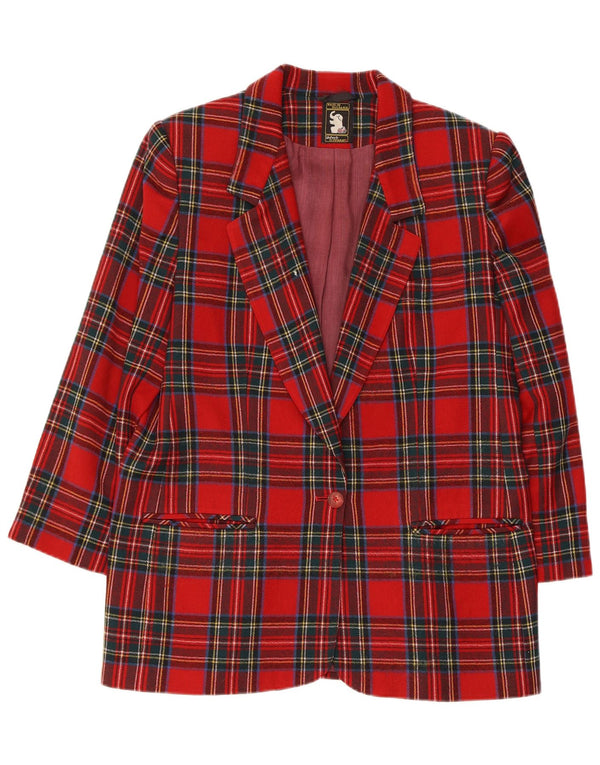 Vintage mujer 3/4 manga 1 botón Blazer chaqueta Reino Unido 14 cuadros rojos medianos