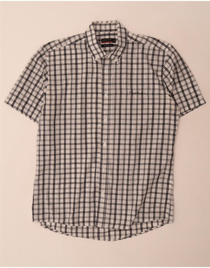 Camisa Pierre Cardin Hombre Manga Corta Regular Fit Cuadros Blancos Medianos