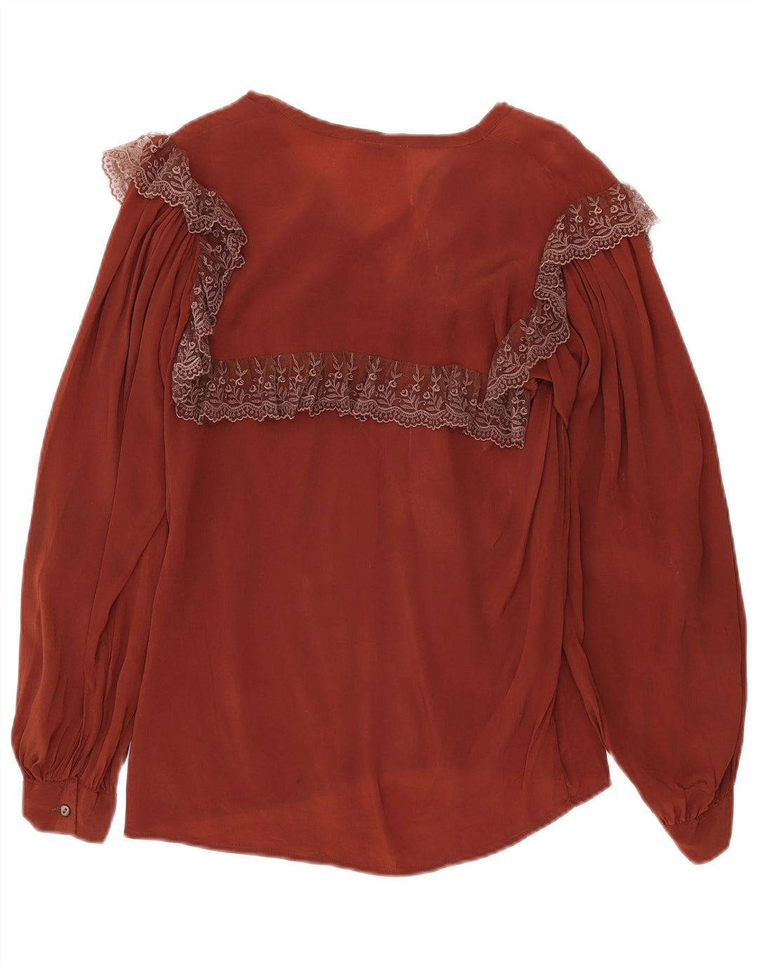 Vintage mujer ver a través de blusa de manga larga Top IT 42 Marrón Medio Floral