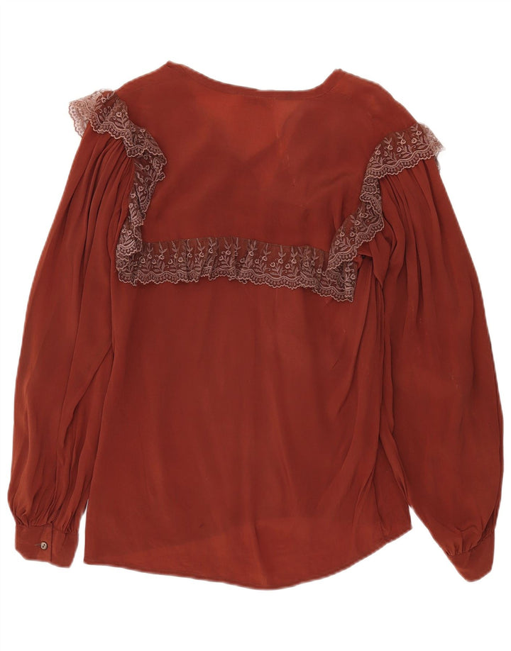 Vintage mujer ver a través de blusa de manga larga Top IT 42 Marrón Medio Floral