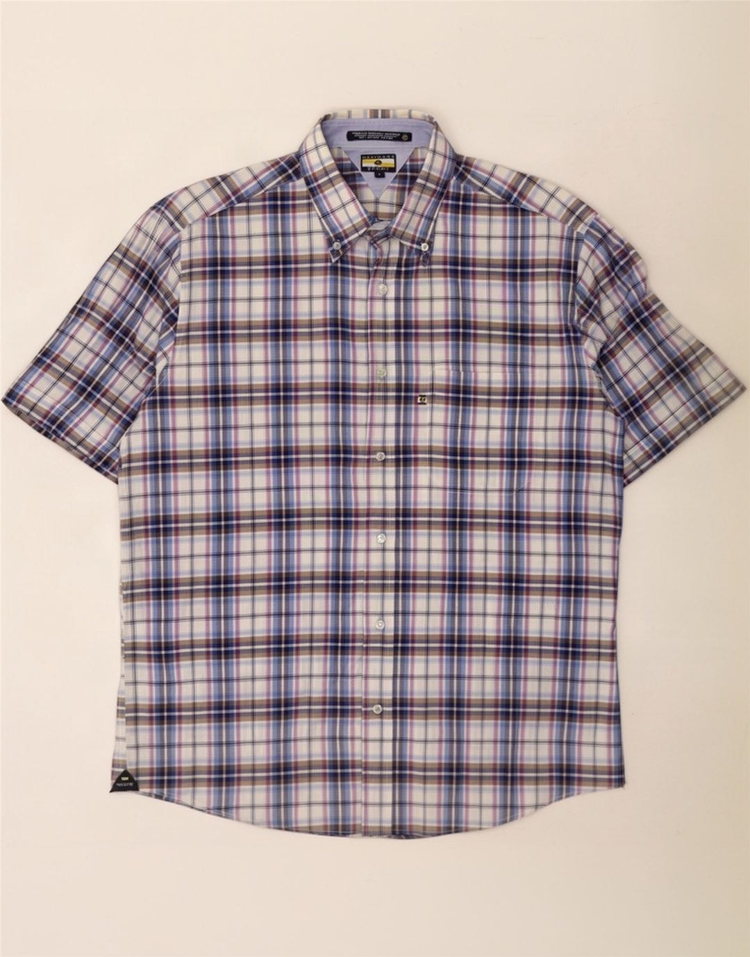 Navigare Camisa de manga corta para hombre de algodón a cuadros azules grandes