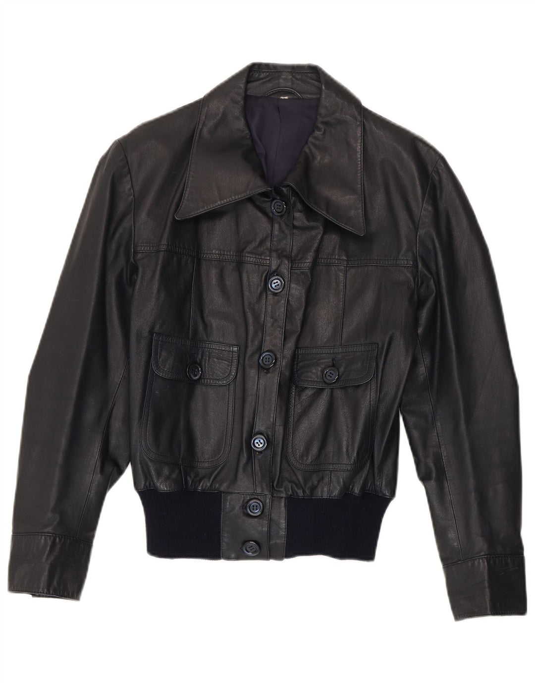 Vintage mujer bombardero chaqueta de cuero Reino Unido 14 cuero azul marino medio