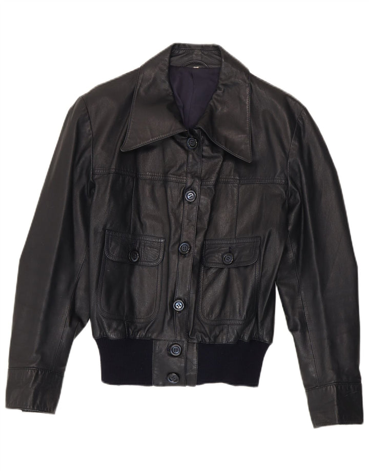 Vintage mujer bombardero chaqueta de cuero Reino Unido 14 cuero azul marino medio