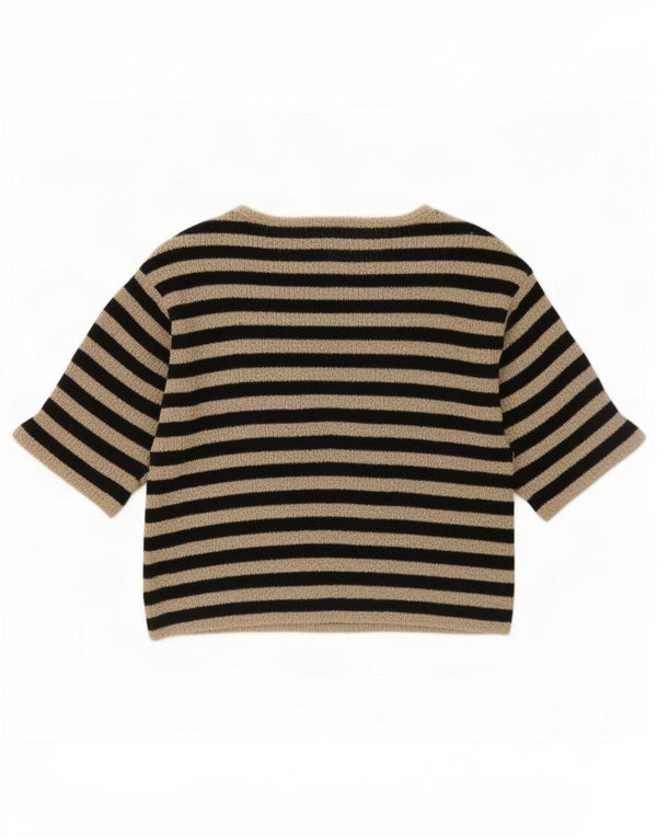 Zara Jersey de manga corta con cuello barco para mujer, talla 40, talla grande, color negro a rayas
