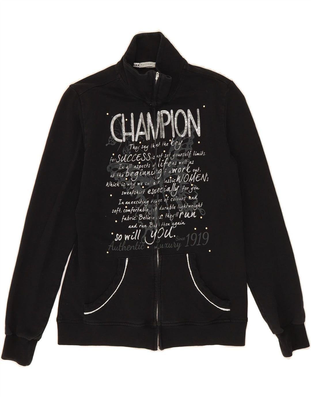 CHAMPION Womens Heritage Fit Tracksuit Top Jacket UK 12 Medium Black Vintage Champion and Second-Hand Champion from Messina Hembry 