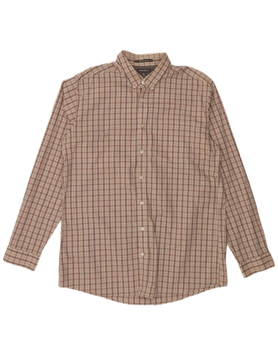 EDDIE BAUER Camisa ajustada sin arrugas para hombre XL Algodón a cuadros beige