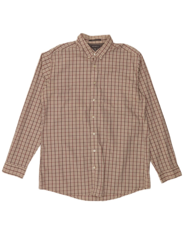 EDDIE BAUER Camisa ajustada sin arrugas para hombre XL Algodón a cuadros beige