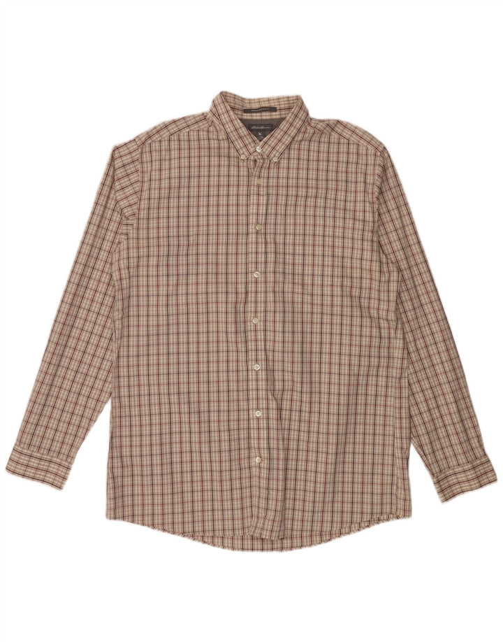 EDDIE BAUER Camisa ajustada sin arrugas para hombre XL Algodón a cuadros beige
