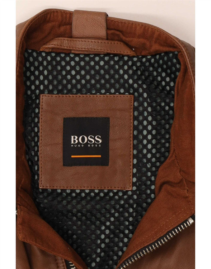 Hugo Boss Chaqueta motera de cuero para hombre UK 36 Small Brown
