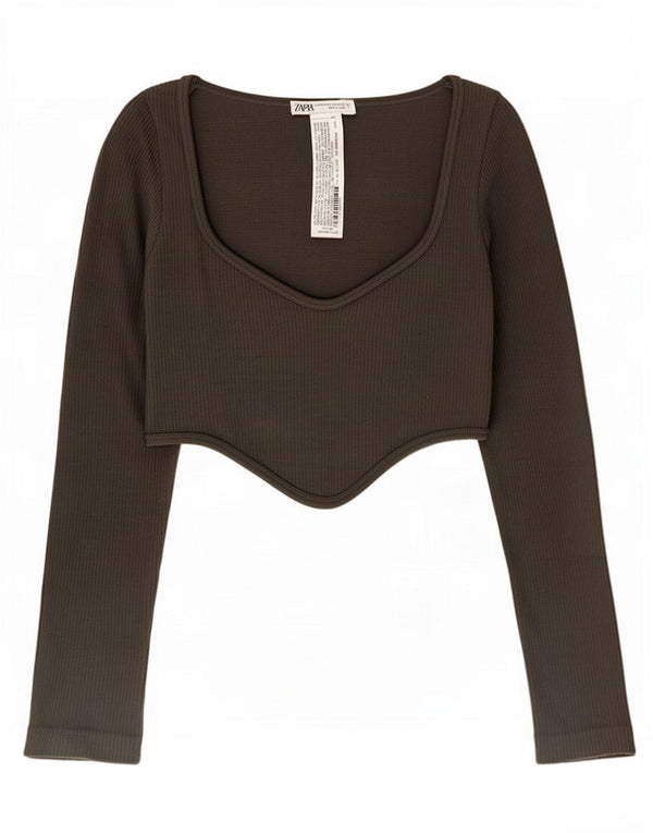 Zara Mujer Crop Top Manga Larga UK 4 XS Caqui Poliamida