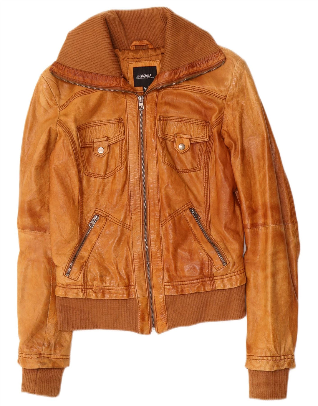 BERSHKA Chaqueta de cuero para mujer UK 42 Cuero marrón medio