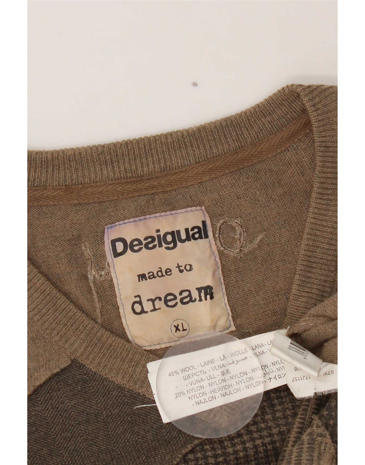 Desigual Hombre Jersey Con Cuello En V Jersey XL Marrón Patchwork Lana Moderno