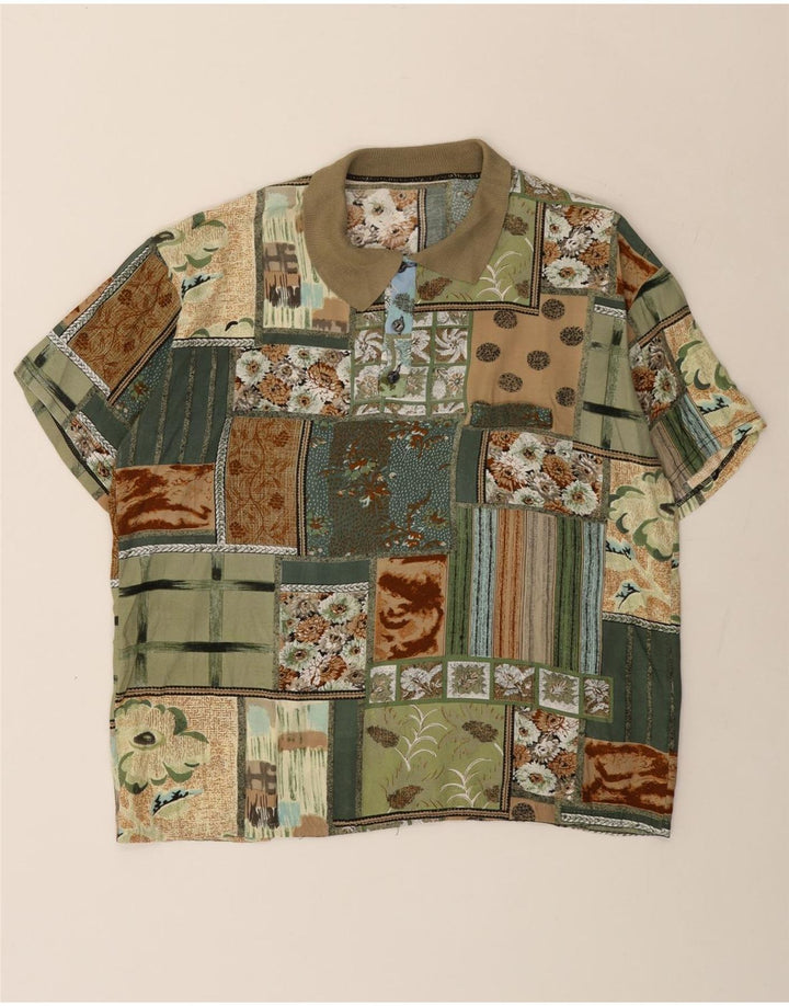 Vintage hombres manga corta pullover camisa medio verde patchwork viscosa