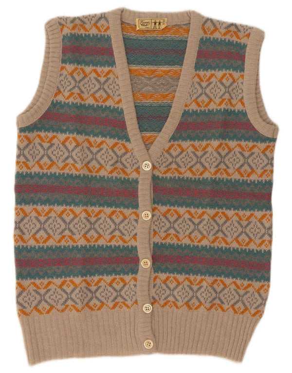 Vintage Mens Sleeveless Cardigan Sweater XS Beige Striped Acrylic