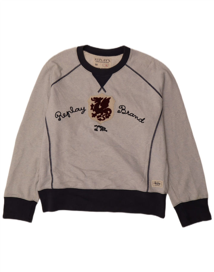 REPLAY Hombre Sudadera Gráfica Jumper XL Azul Colorblock Algodón