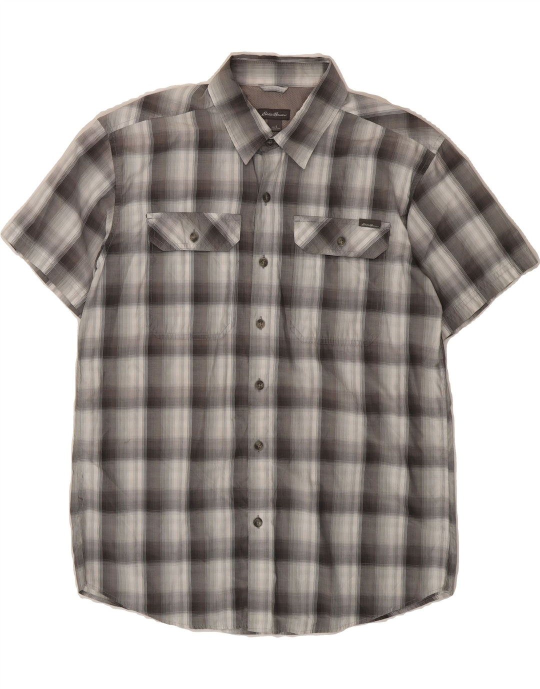 EDDIE BAUER Mens Short Sleeve Shirt Large Grey Check Cotton Vintage Eddie Bauer and Second-Hand Eddie Bauer from Messina Hembry 