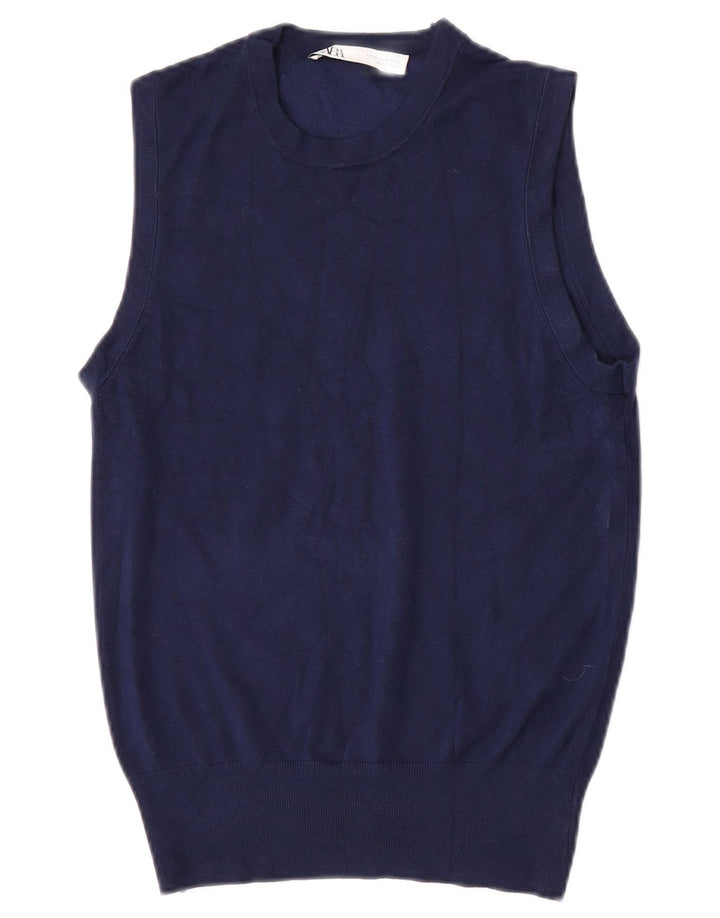 Zara Mujer Chaleco Camiseta Sin Mangas UK 12 Medium Azul Marino Viscosa