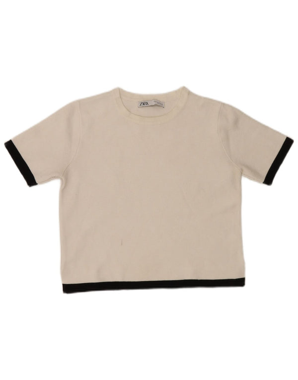 Zara Mujer Crop Camiseta Top UK 40 Medium Blanco Colorblock
